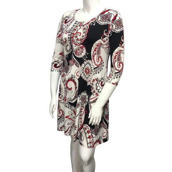 Chicos Womens Size 1 US 8 Shift Dress Stretch Paisley Knit Swing 3/4 Sleeves - Picture 4 of 15